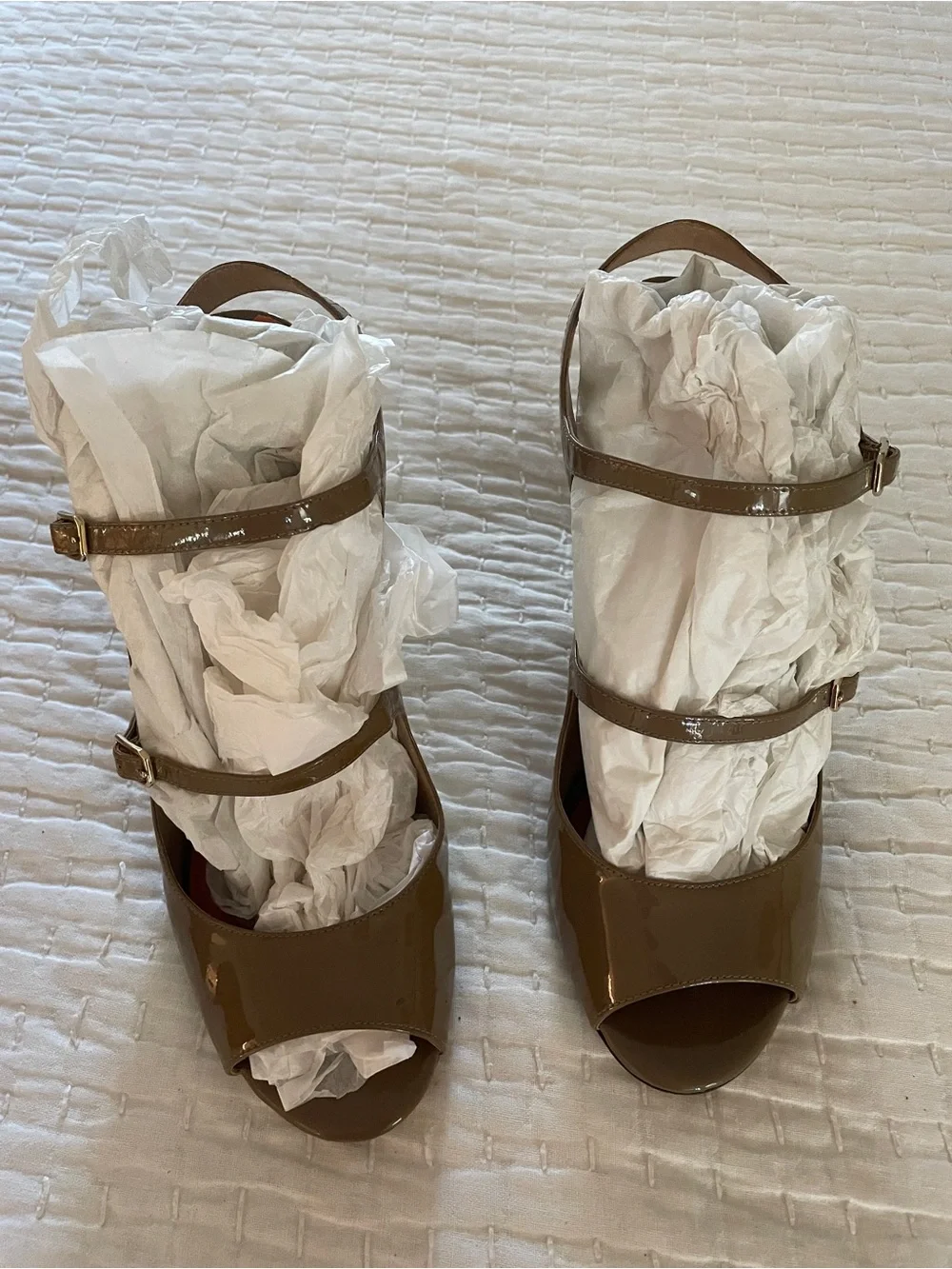 Via Spiga Taupe Patent Slingback Heels with Orange Insoles